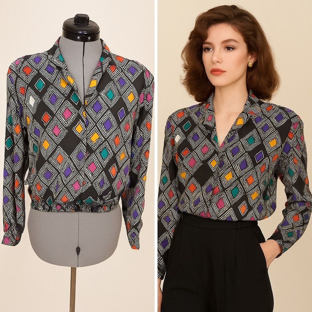 Vintage Geometric Diamond Print Button Up Blouse‎ Long Sleeve Elastic Waist